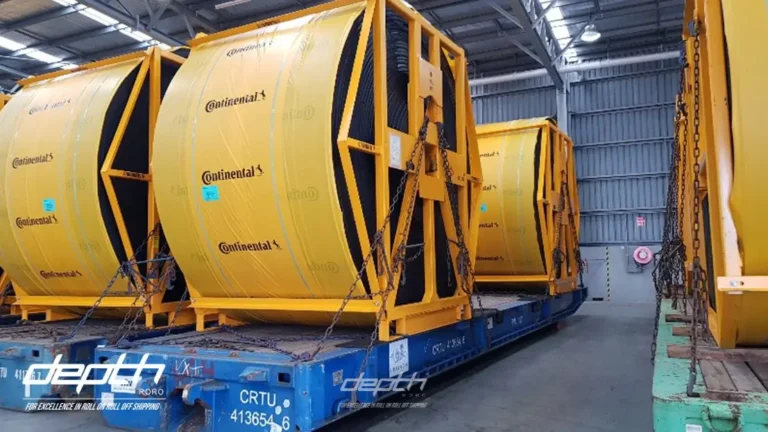 Static break bulk cargo cable reels on rolltrailers ready to be shipped via RoRo
